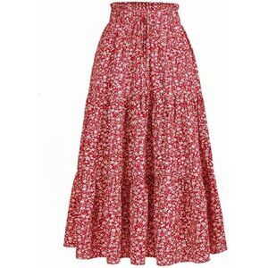 Women's High Elastic Waist Midi Skirt Floral Red